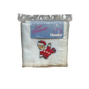 Vintage White Satin Edge Christmas Baby Blanket by Dundee Teddy Bear Crib 36x45